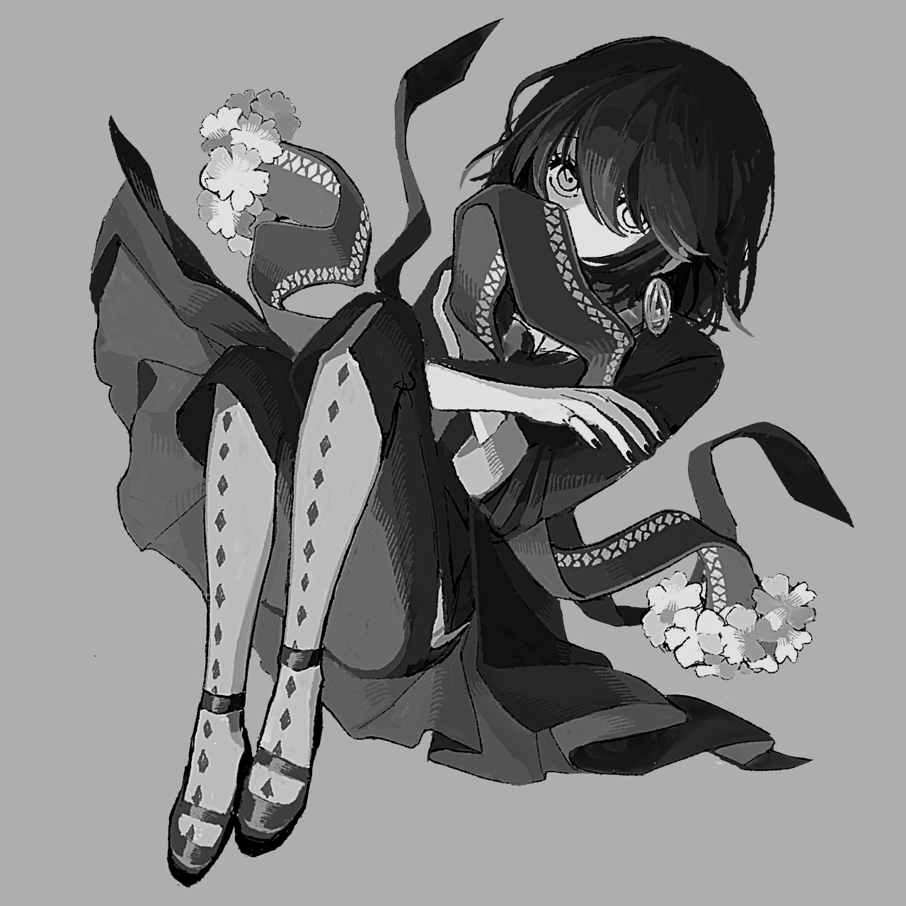 mashiro meme, mashiro meme (1st costume), nijisanji, highres, 1boy, coat, covered mouth, full body, goringo2828, grey background, greyscale, looking at viewer, male focus, monochrome, nail polish, pants, pantyhose, safety pin hair ornament, scarf, shoes, short hair, simple background, solo, two side up, virtual youtuber