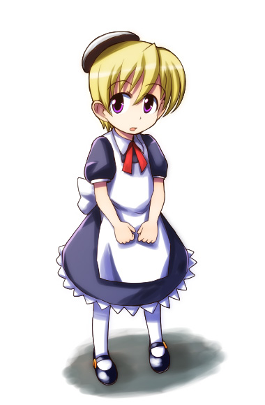 yn1982, flandre (kaibutsu oujo), kaibutsu oujo, 00s, 1girl, android, blonde hair, female focus, full body, maid, purple eyes, shoes, solo, standing, white background