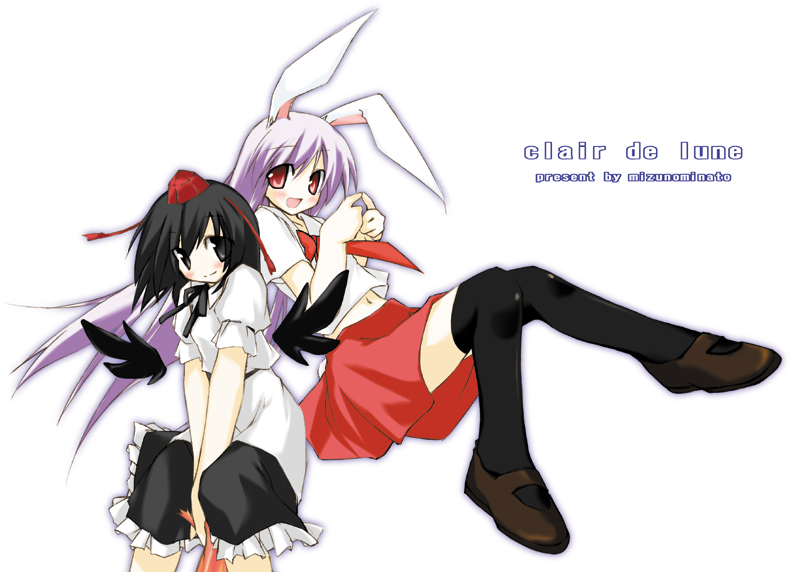 mizuno minato, reisen udongein inaba, shameimaru aya, touhou, 2girls, animal ears, blush, female focus, hat, multiple girls, navel, rabbit ears, skirt, thighhighs, white background