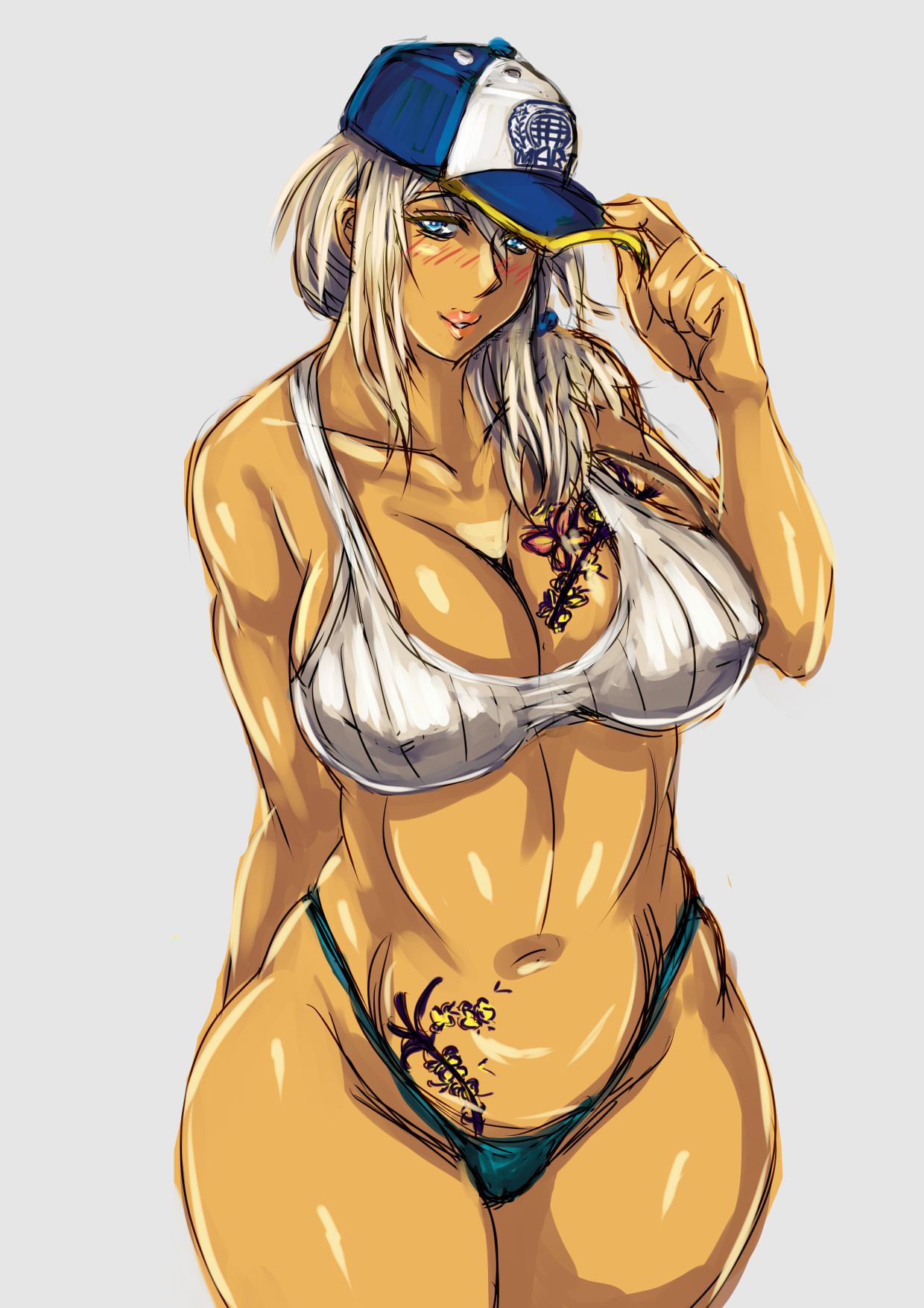 sou2180, rinalia kuo, super robot wars, super robot wars dd, highres, 1girl, baseball cap, bra, breasts, cleavage, curvy, dark-skinned female, dark skin, green eyes, grey background, hand on own hip, hat, highleg, highleg panties, large breasts, lips, looking at viewer, low ponytail, panties, parted lips, ponytail, pubic tattoo, revealing clothes, see-through clothes, shiny skin, sideboob, simple background, smile, solo, sweater, tattoo, thong, twintails, underboob, underwear, wide hips