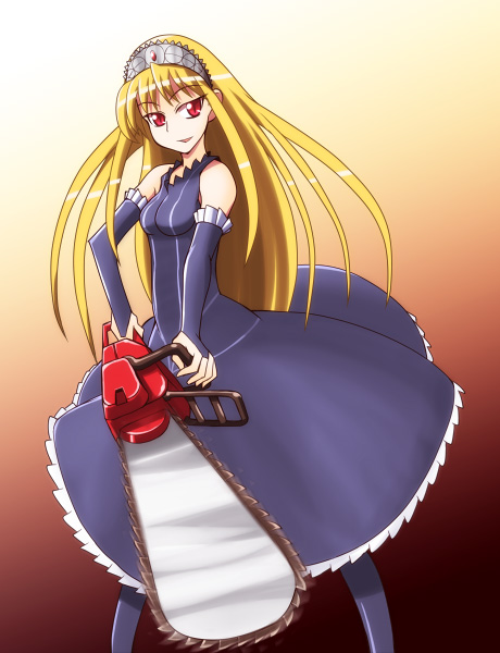 yn1982, hime (kaibutsu oujo), kaibutsu oujo, 00s, blonde hair, chainsaw, crown, dress, gloves, hat, red eyes, solo, thighhighs, tiara