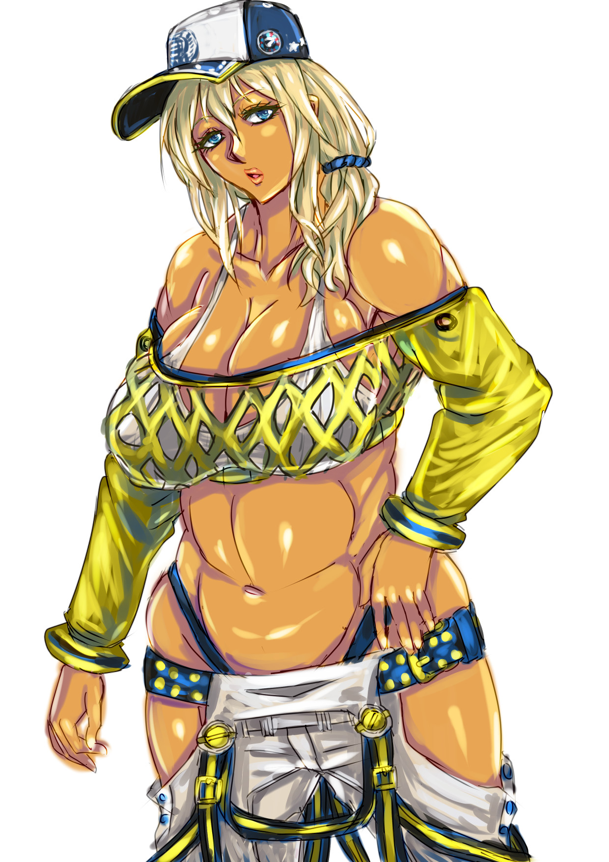sou2180, rinalia kuo, super robot wars, super robot wars dd, highres, 1girl, baggy pants, baseball cap, bra, breasts, cleavage, curvy, dark-skinned female, dark skin, green eyes, hand on own hip, hat, highleg, highleg panties, large breasts, lips, looking at viewer, low ponytail, open mouth, panties, pants, parted lips, ponytail, pubic tattoo, revealing clothes, see-through clothes, shiny skin, sideboob, simple background, solo, sweater, tattoo, thong, underboob, underwear, white background, wide hips