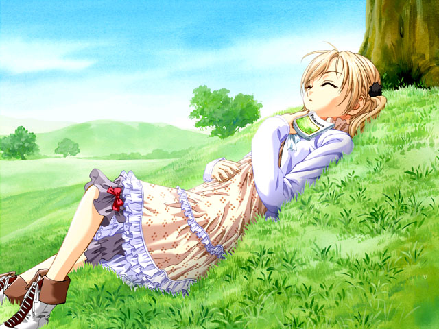 tenhiro naoto, patricia (princess maker 4), princess maker (series), princess maker 4, game cg, 1girl, blonde hair, blouse, book, dress, female focus, shirt, sleeping, solo