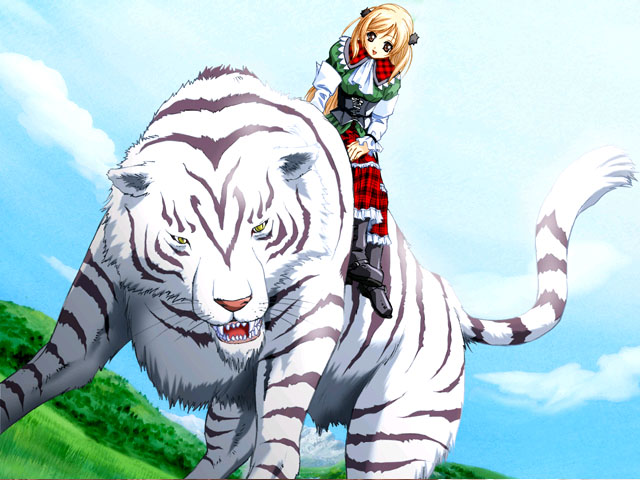 tenhiro naoto, patricia (princess maker 4), princess maker (series), princess maker 4, game cg, 1girl, blonde hair, dress, tiger