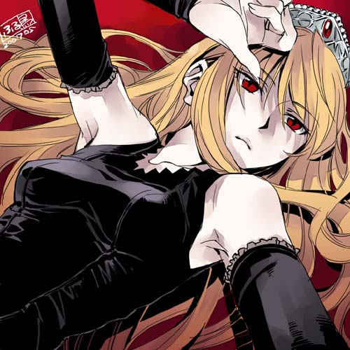 furudori yayoi, hime (kaibutsu oujo), kaibutsu oujo, lowres, 00s, armpits, blonde hair, crown, dress, elbow gloves, gloves, hat, red eyes, solo, tiara