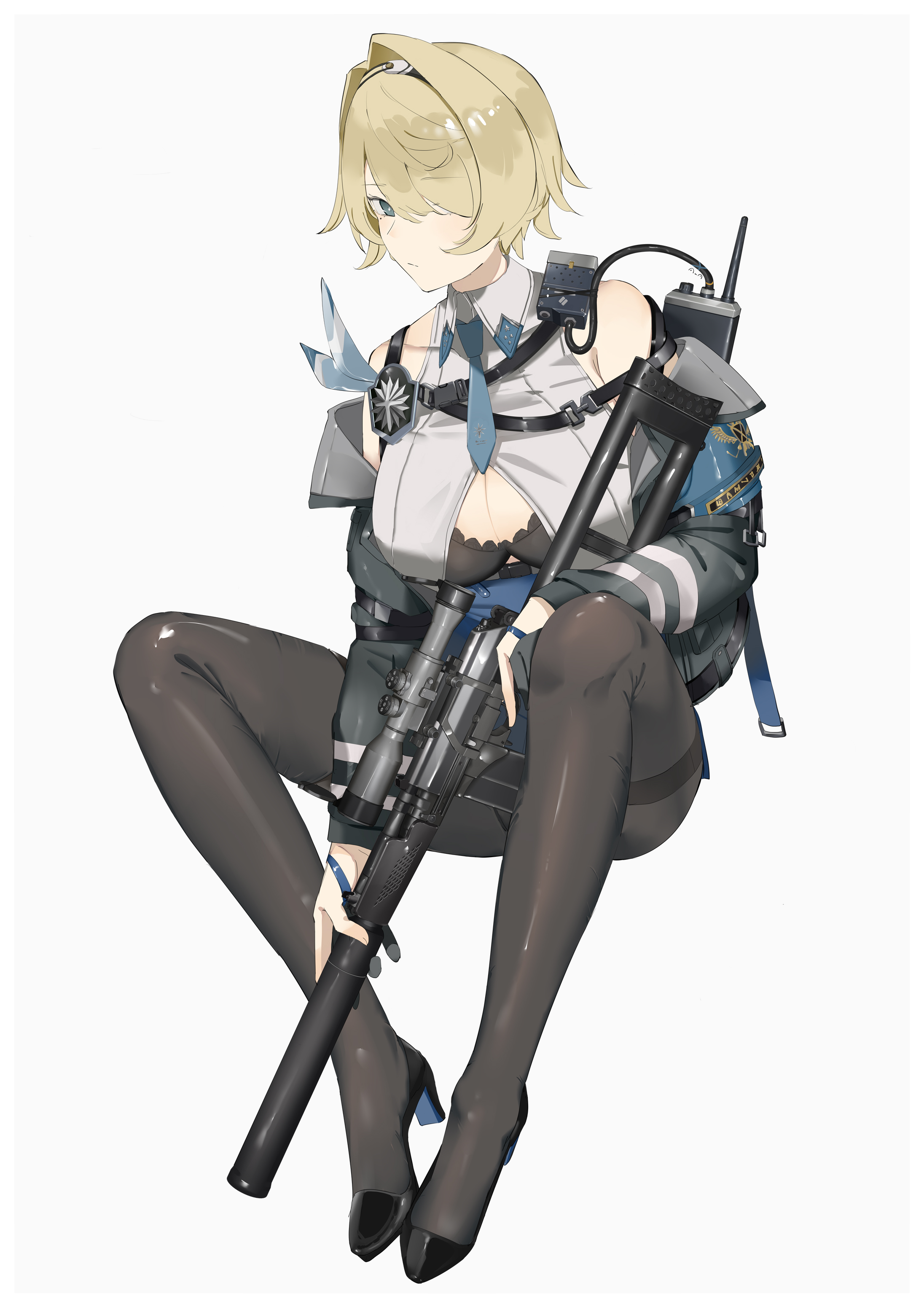 sutekina awa, nikketa (girls' frontline 2), vsk-94 (girls' frontline), girls' frontline, girls' frontline 2: exilium, absurdres, commentary request, highres, 1girl, black bra, black gloves, black jacket, black pantyhose, black shoes, blonde hair, blue eyes, bra, breasts, cleavage, closed mouth, full body, gloves, gun, hair intakes, hair over one eye, high heels, holding, holding gun, holding weapon, jacket, looking at viewer, open clothes, open jacket, pantyhose, radio, shoes, simple background, solo, trigger discipline, underwear, vsk-94, weapon, white background