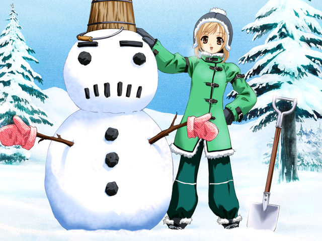 tenhiro naoto, patricia (princess maker 4), princess maker (series), princess maker 4, game cg, 1girl, blonde hair, female focus, gloves, hat, jacket, snowman, solo, winter