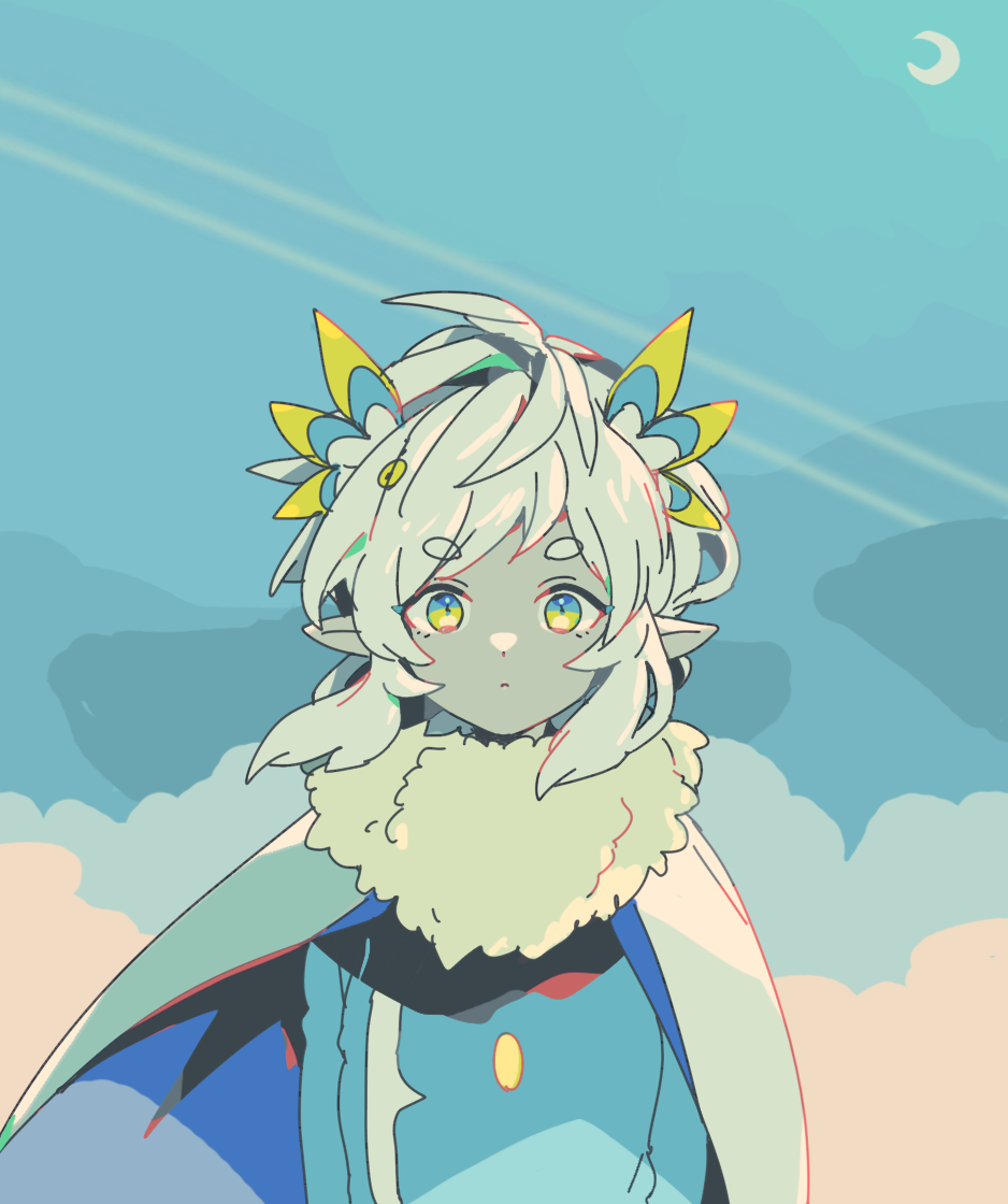 mizuki tsukimori, sky: children of the light, commentary request, 1girl, arms at sides, blue sky, cape, closed mouth, contrail, expressionless, limited palette, looking at viewer, outdoors, pointy ears, short hair, sidelocks, sky, solo, thick eyebrows, upper body