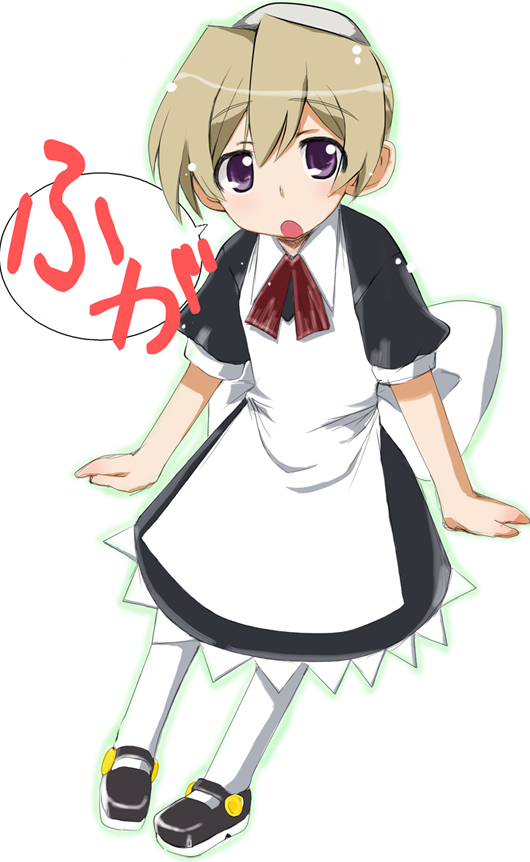 nazo no murasame chiaki, flandre (kaibutsu oujo), kaibutsu oujo, 00s, 1girl, android, blonde hair, female focus, full body, maid, purple eyes, shoes, sitting, solo, white background