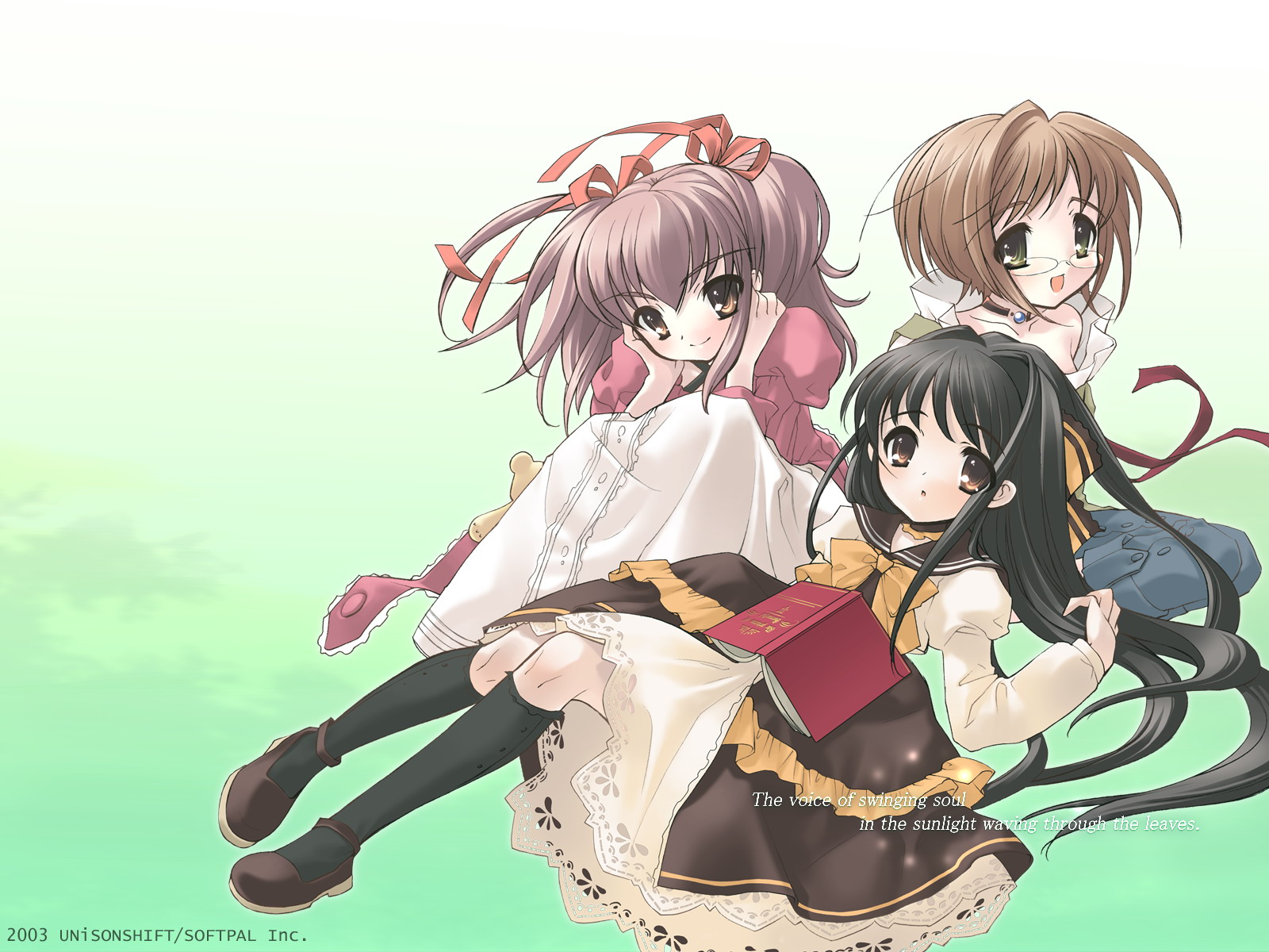 ito noizi, kouenji ayana, sui (komorebi), tachibana koharu, komorebi ni yureru tamashii no koe, highres, 3girls, :d, :o, black hair, blush, book, bow, bowtie, brown eyes, brown hair, buttons, full body, glasses, gradient background, green background, green eyes, hair ribbon, kneehighs, long sleeves, looking at viewer, lying, mary janes, multiple girls, on back, open book, open mouth, puffy long sleeves, puffy sleeves, ribbon, school uniform, serafuku, shoes, simple background, smile, socks, two side up, yellow eyes