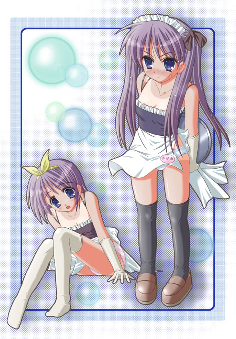 hiiragi kagami, hiiragi tsukasa, lucky star, 00s, 2girls, blush, gloves, hair ribbon, hairband, maid, multiple girls, one-piece tan, panties, purple hair, sisters, sitting, standing, tan, tanline, thighhighs, tray, twins, twintails, underwear, waitress