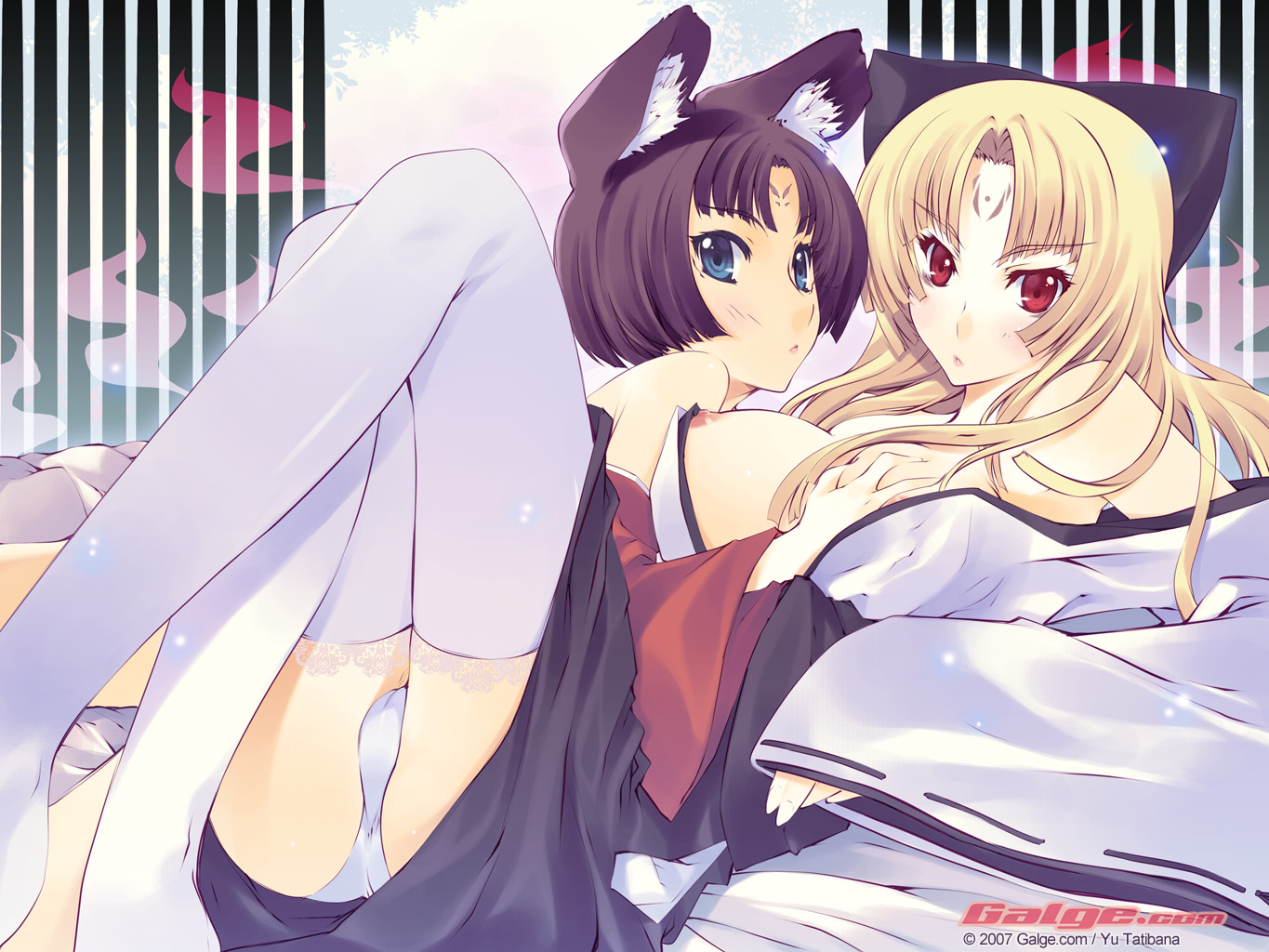 tachibana yuu, galge.com, original, lace-trimmed legwear, 2007, 2girls, animal ears, bed, blonde hair, blue eyes, breasts, facial mark, forehead mark, fox ears, grabbing another's breast, groping, japanese clothes, kimono, lace, lace trim, large breasts, long hair, looking back, lying, multiple girls, nipples, no bra, off shoulder, on back, panties, pantyshot, purple hair, red eyes, short hair, thighhighs, underwear, white panties, white thighhighs, yuri