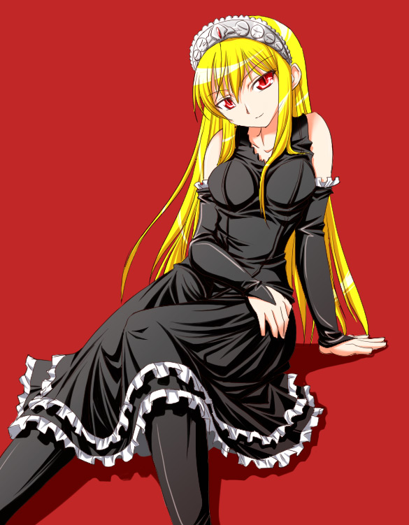 hirorin, nekono matatabi, hime (kaibutsu oujo), kaibutsu oujo, 00s, 1girl, bare shoulders, black dress, black pantyhose, blonde hair, blush, dress, evil smile, female focus, frills, gloves, head tilt, knee up, long hair, long sleeves, looking at viewer, maid headdress, pantyhose, red background, red eyes, sidelocks, simple background, sitting, smile, solo, thighhighs, tiara