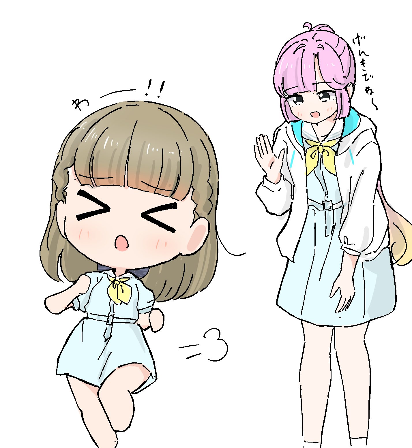 tazaki masanobu, anyoji hime, kachimachi kosuzu, link! like! love live!, love live!, commentary request, highres, > <, 2girls, :d, :o, black bow, blonde hair, blue dress, bow, braid, center-flap bangs, chibi, dress, feet out of frame, gradient hair, hair bow, hasu no sora school uniform, hood, hooded jacket, jacket, leaning forward, long hair, long sleeves, multicolored hair, multiple girls, neckerchief, open clothes, open jacket, open mouth, pink hair, puffy short sleeves, puffy sleeves, sailor collar, sailor dress, school uniform, short sleeves, side braids, simple background, smile, summer uniform, very long hair, virtual youtuber, white background, white jacket, white sailor collar, yellow neckerchief