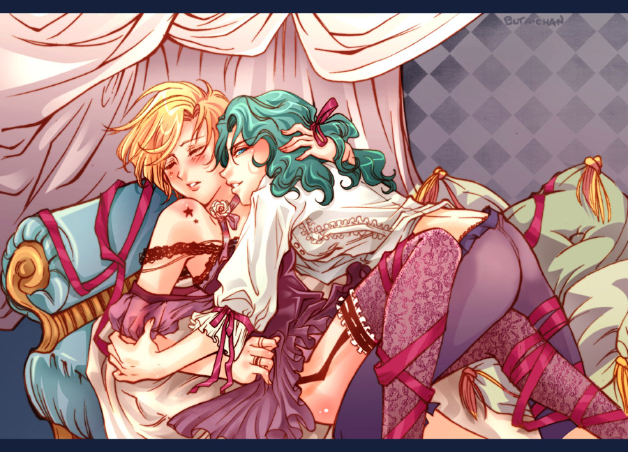 buta-chan, kaiou michiru, ten'ou haruka, bishoujo senshi sailor moon, frilled legwear, 1990s (style), 2girls, argyle background, argyle clothes, ass, blonde hair, blush, couple, dress, flower, garter straps, green hair, hair ribbon, jewelry, lace, long hair, multiple girls, pillow, retro artstyle, ribbon, ring, role reversal, short hair, star (symbol), strap slip, thighhighs, yuri