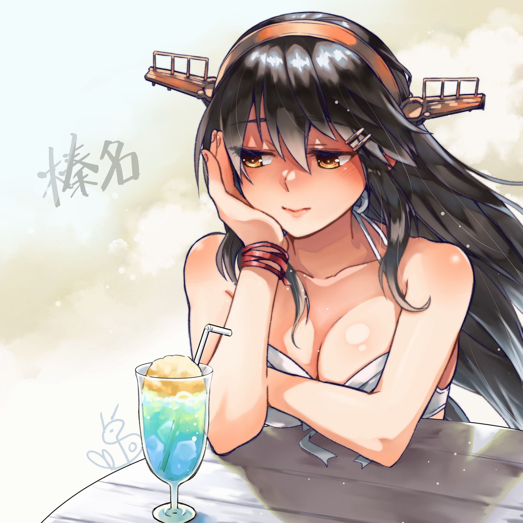 oeoeuhoho, haruna (2016 swimsuit) (kancolle), haruna (kancolle), kantai collection, commentary request, highres, 1girl, bikini, black hair, breasts, character name, cleavage, cup, drinking straw, hair between eyes, hair ornament, hairclip, head rest, headgear, large breasts, long hair, orange eyes, simple background, solo, swimsuit, table, upper body, white bikini