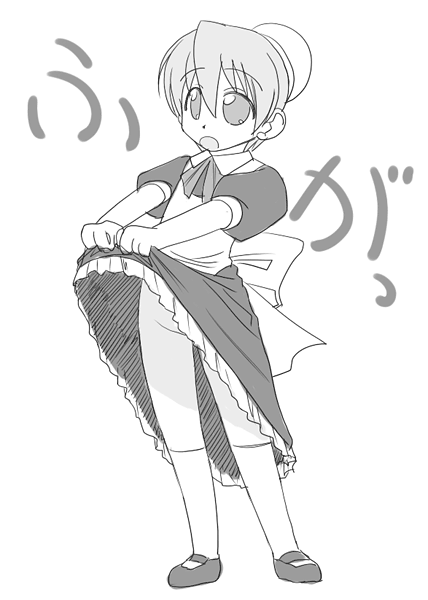 hirorin, flandre (kaibutsu oujo), kaibutsu oujo, 00s, 1girl, android, female focus, full body, maid, monochrome, simple background, solo