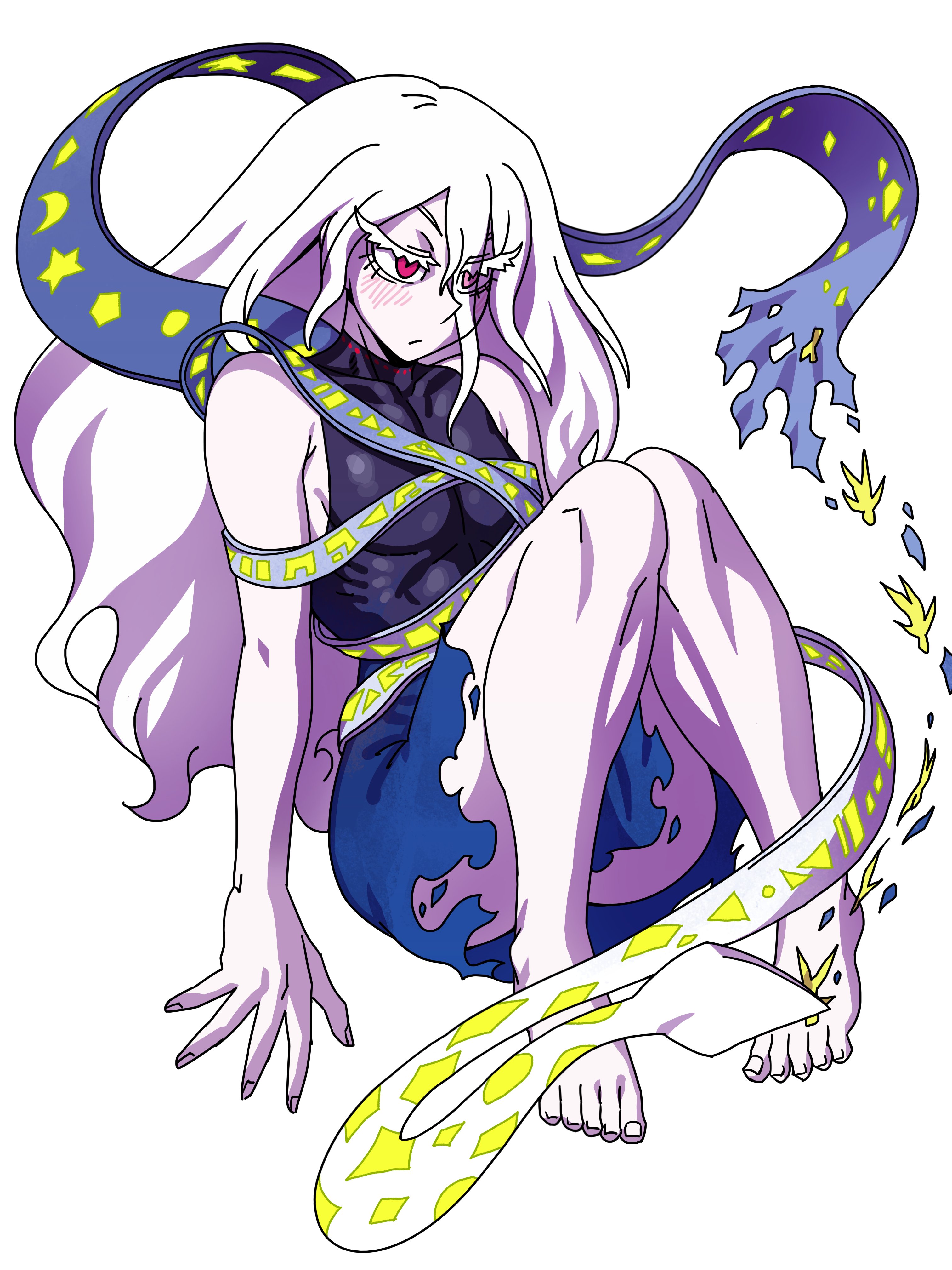 eddybird55555, yuiman asama, fossilized wonders, touhou, absurdres, highres, barefoot, closed mouth, crescent, long eyelashes, long hair, pants, play button, red eyes, sash, sitting, star (symbol), torn clothes, torn pants, white background