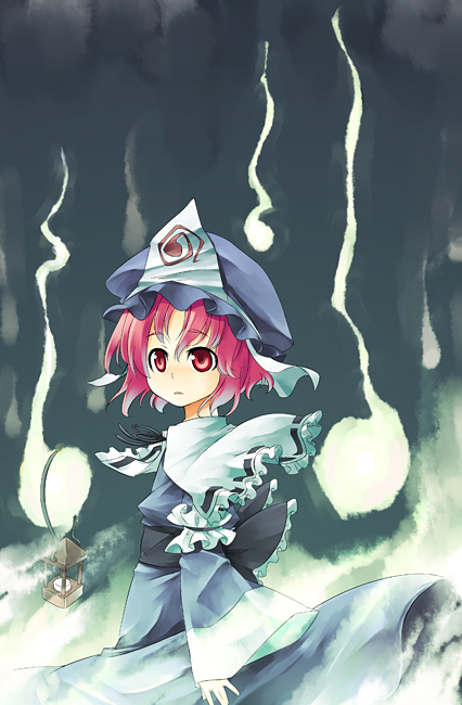 sakuraba yuuki, saigyouji yuyuko, touhou, 1girl, blue dress, collar, dress, female focus, floating, frilled collar, frilled shirt collar, frills, from side, ghost, hat, hitodama, japanese clothes, lantern, long sleeves, looking at viewer, looking to the side, mob cap, pink eyes, pink hair, red eyes, ribbon-trimmed collar, ribbon trim, short hair, solo, triangular headpiece, upper body, wide sleeves