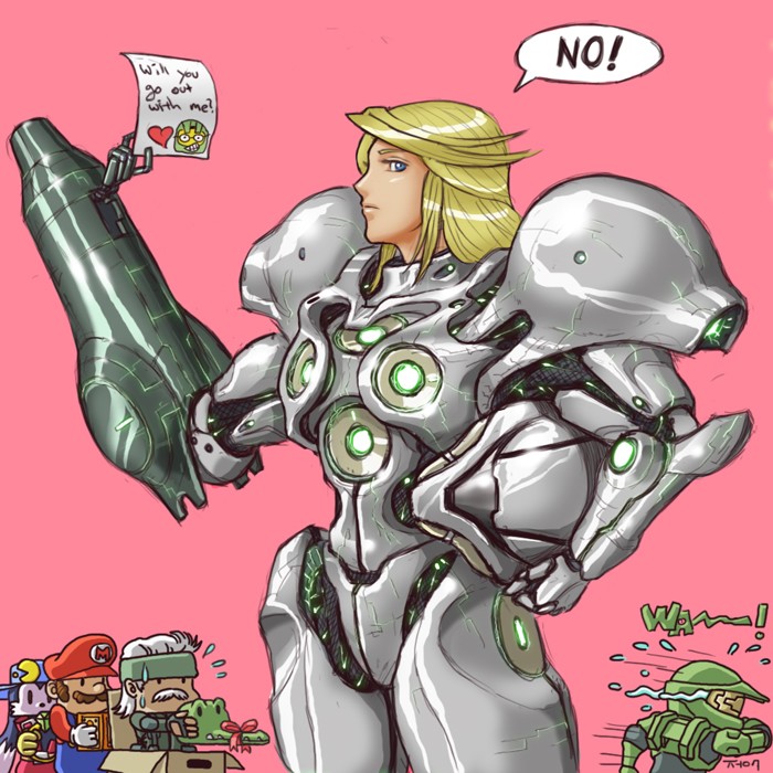 james chung, klonoa, mario, master chief, old snake, samus aran, solid snake, halo (game), kaze no klonoa, mario (series), metal gear, metal gear (series), metal gear solid, metal gear solid 4, metroid, namco, nintendo, super mario bros. 1, super smash bros., english, 4boys, armor, bandana, blonde hair, blue eyes, box, cardboard box, chibi, facial hair, gift, hat, headband, helmet, light suit (metroid), multiple boys, mustache, note, power suit, running, simple background, sweatdrop, tears, | |