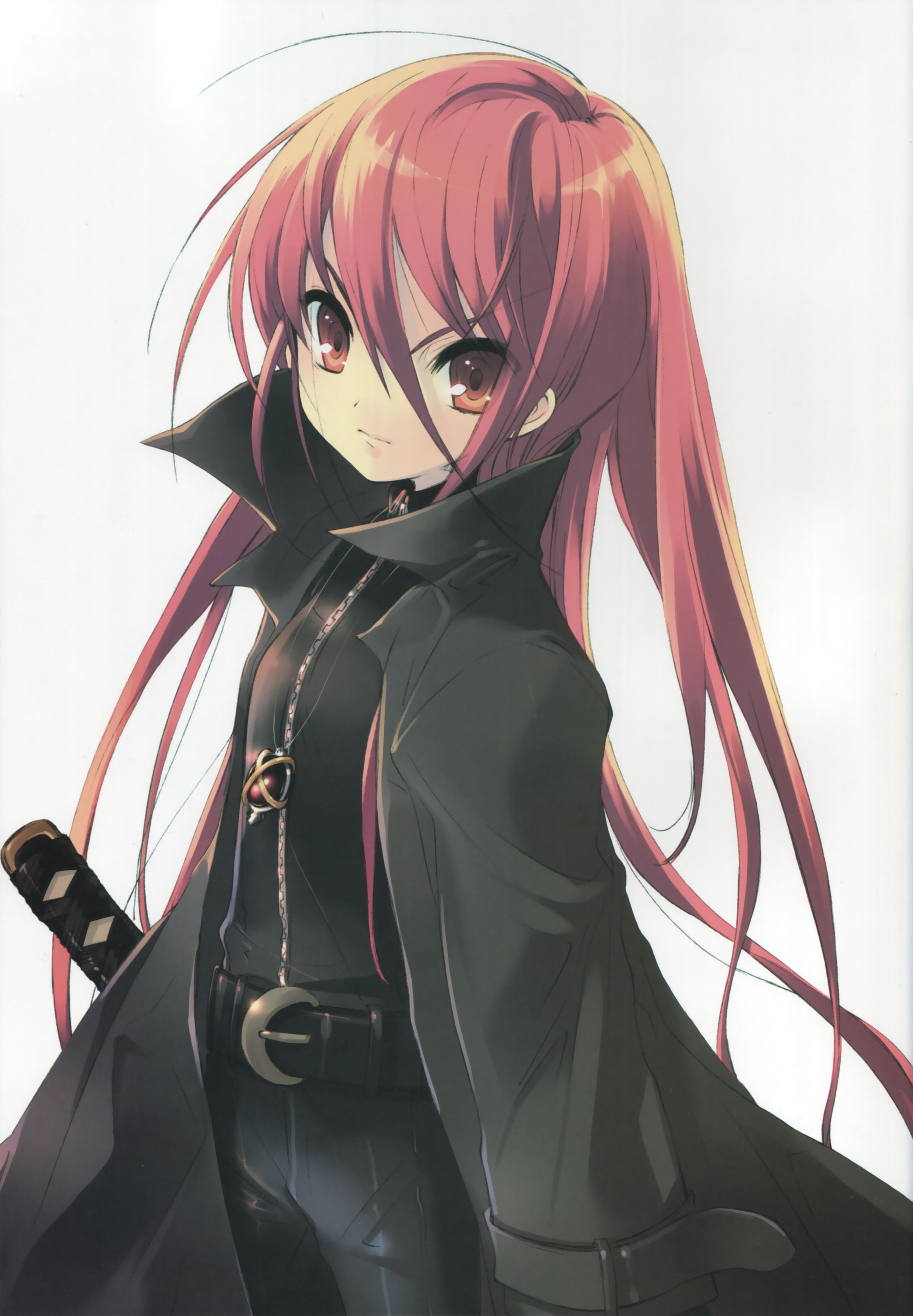 ito noizi, alastor (shakugan no shana), shana, shakugan no shana, absurdres, highres, scan, 00s, 1girl, arms at sides, female focus, hair between eyes, jewelry, long hair, necklace, pendant, red hair, simple background, solo, sword, v-shaped eyebrows, very long hair, weapon, white background