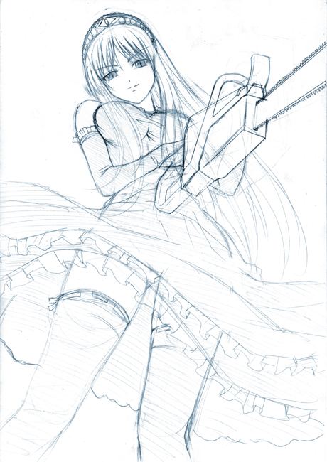 sakura kanawo, hime (kaibutsu oujo), kaibutsu oujo, traditional media, 00s, 1girl, blue theme, breasts, chainsaw, closed mouth, dress, elbow gloves, female focus, frills, gloves, long hair, looking at viewer, monochrome, sketch, smile, solo, thighhighs, tiara, upskirt, weapon, zettai ryouiki