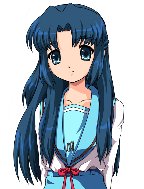 esuyuki, asakura ryoko, suzumiya haruhi no yuuutsu, 00s, 1girl, arms behind back, blue eyes, blue hair, blue skirt, collarbone, female focus, long hair, long sleeves, matching hair/eyes, parted bangs, red ribbon, ribbon, sailor collar, school uniform, serafuku, shirt, simple background, skirt, solo, very long hair, white background, white shirt