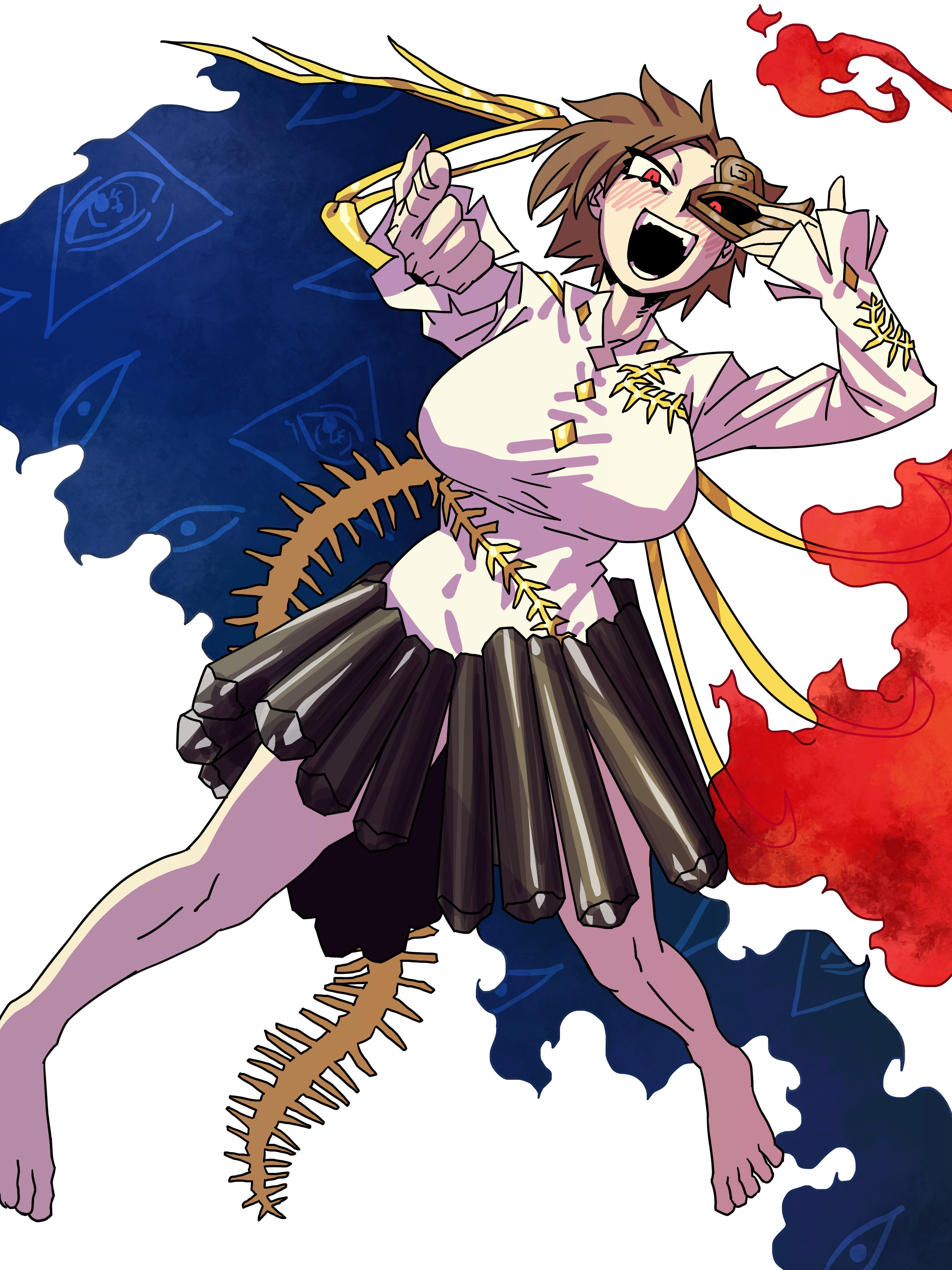 eddybird55555, iwanaga ariya, fossilized wonders, touhou, absurdres, highres, 1girl, asymmetrical wings, barefoot, bone, breasts, brown hair, disembodied eye, fire, half mask, large breasts, mask, open mouth, red eyes, short hair, skeletal wings, white background, wings