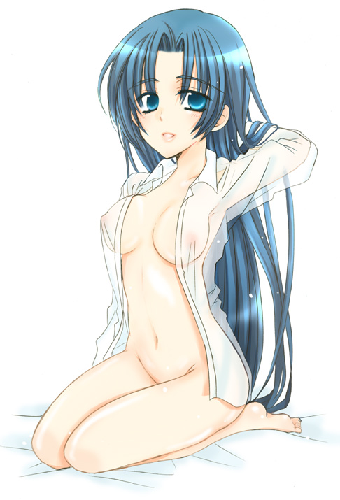 yunico, asakura ryoko, suzumiya haruhi no yuuutsu, 00s, bed, no bra, open clothes, open shirt, shirt, solo