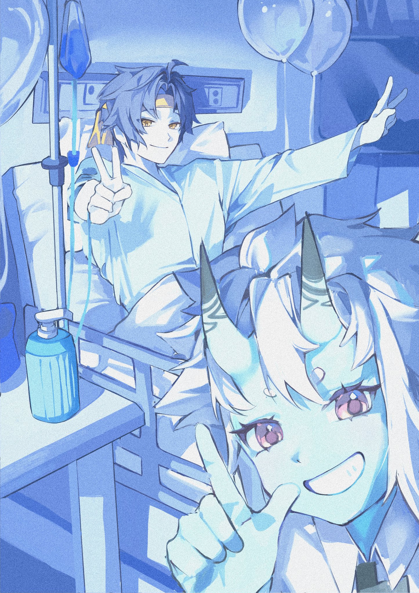 naengbi1008, asaba harumasa, soukaku (zenless zone zero), zenless zone zero, commentary, highres, 1boy, 1girl, balloon, bed, black hair, black necktie, blue skin, closed mouth, collared shirt, colored skin, double v, eyelashes, grin, hair between eyes, headband, horns, hospital, hospital bed, hospital gown, intravenous drip, l hand, long sleeves, looking at viewer, necktie, reclining, shirt, smile, v, white hair, white shirt, yellow headband