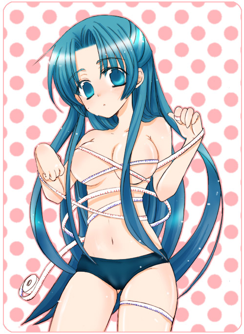 yunico, asakura ryoko, suzumiya haruhi no yuuutsu, 00s, 1girl, breasts, cameltoe, clumsy, entangled, female focus, green eyes, green hair, half updo, large breasts, long hair, matching hair/eyes, panties, solo, tape measure, topless female, underwear, very long hair