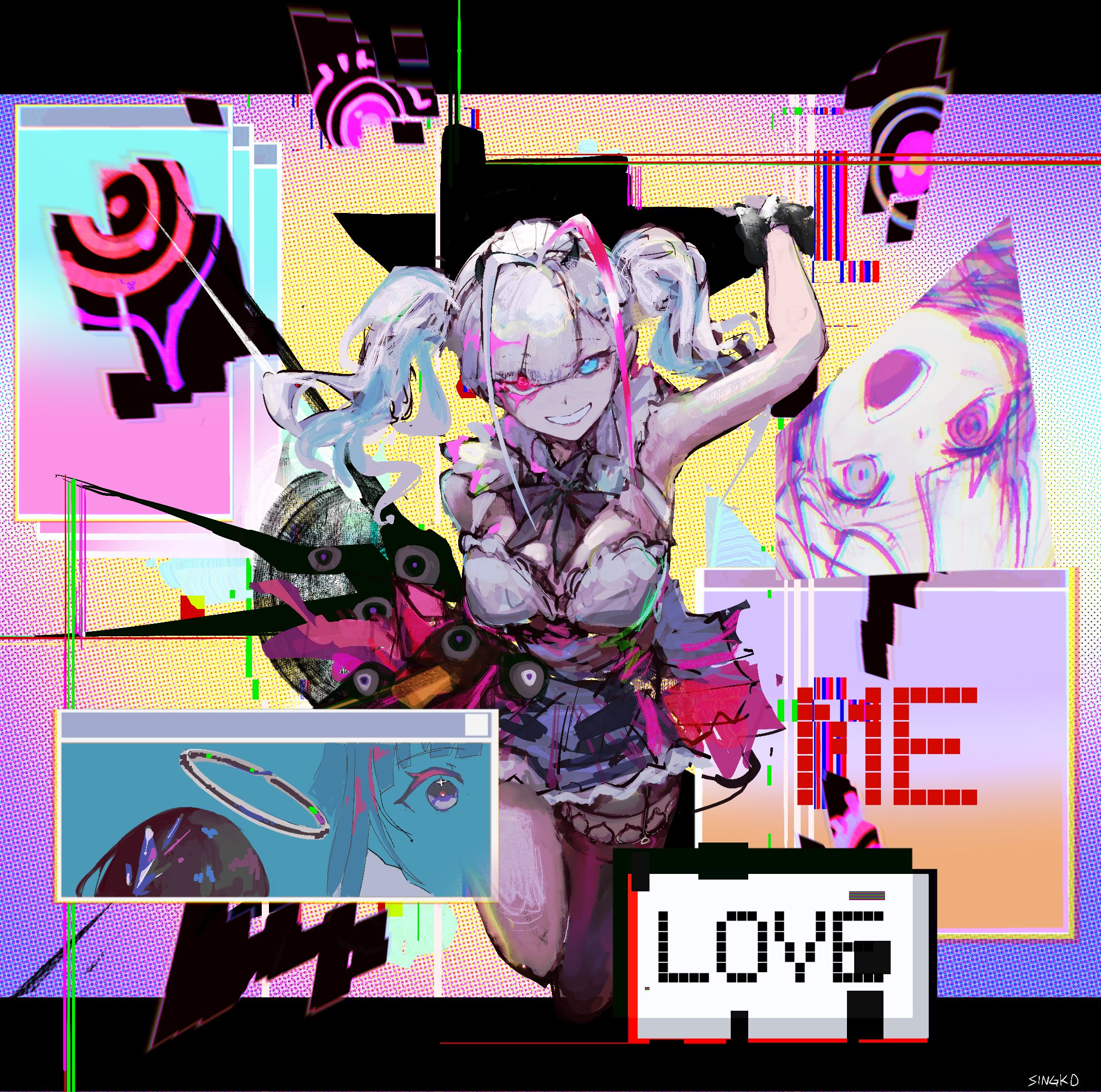 eeriesen3, kuro (neural cloud), mdr (girls' frontline), nanaka (neural cloud), girls' frontline, girls' frontline neural cloud, commentary, commission, english commentary, highres, 1girl, abstract background, antenna hair, black bow, black bowtie, black thighhighs, blue eyes, bow, bowtie, breasts, halo, heterochromia, kuro (radio world cyber angel) (neural cloud), multicolored hair, official alternate costume, official alternate hairstyle, open mouth, pink hair, purple eyes, red eyes, smile, thighhighs, twintails, two-tone hair, white hair, white mouth, window (computing)