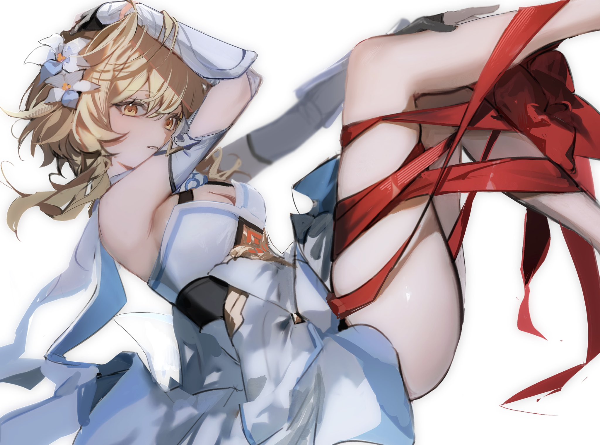 umenoume, lumine (genshin impact), genshin impact, highres, 1girl, arm up, black gloves, blonde hair, bound, bound legs, breasts, cleavage, detached sleeves, dress, flower, gloves, hair flower, hair ornament, looking at viewer, medium breasts, orange eyes, parted lips, partially fingerless gloves, red ribbon, ribbon, short hair with long locks, simple background, sleeveless, sleeveless dress, solo, white background, white dress, white flower