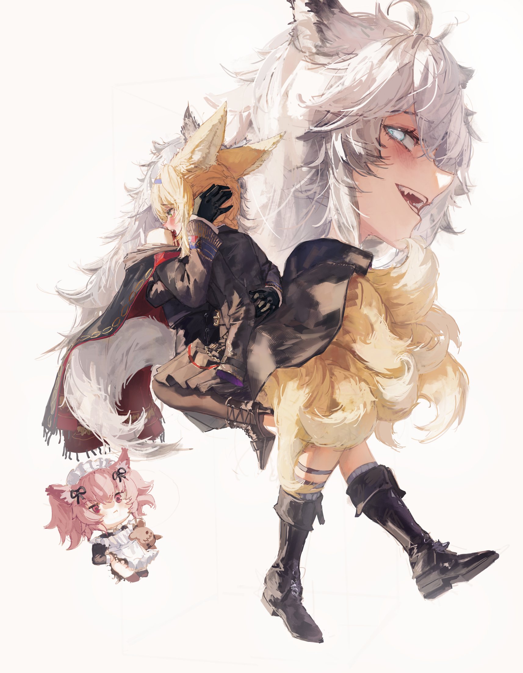 gandy (gan3e46), lappland (arknights), lappland (refined horrormare) (arknights), pozyomka (arknights), suzuran (arknights), arknights, commentary, commission, highres, 3girls, :t, ahoge, alternate costume, alternate hairstyle, animal ears, apron, bare shoulders, biting, black boots, black cloak, black coat, black gloves, black ribbon, black thighhighs, blonde hair, blood, blood on shoulder, blush, boots, cloak, closed mouth, coat, deformed, fox ears, fox girl, fox tail, gloves, grey eyes, grey socks, hair between eyes, hair ribbon, high heels, knee boots, knee strap, long hair, long sleeves, maid, medium hair, multicolored cloak, multiple girls, multiple tails, multiple views, open mouth, pink hair, red cloak, red eyes, ribbon, sidelocks, simple background, single bare shoulder, socks, tail, thighhighs, two-tone cloak, walking, white apron, white background, white hair, wolf ears, wolf girl