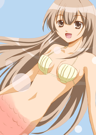sinko (sinsin), seto sun, seto no hanayome, 00s, 1girl, :d, bikini, brown eyes, brown hair, female focus, long hair, looking at viewer, mermaid, monster girl, open mouth, shell, shell bikini, simple background, smile, solo