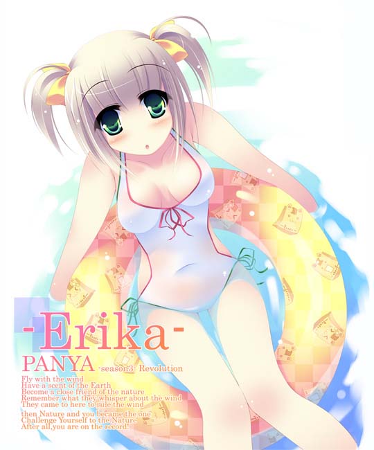hana, inuneko, hana (pangya), pangya, eyebrows, 1girl, afloat, blonde hair, blunt bangs, breasts, cleavage, english text, female focus, from above, green eyes, halterneck, innertube, looking at viewer, looking up, one-piece swimsuit, short hair, sitting, solo, swim ring, swimsuit, text focus, twintails, water