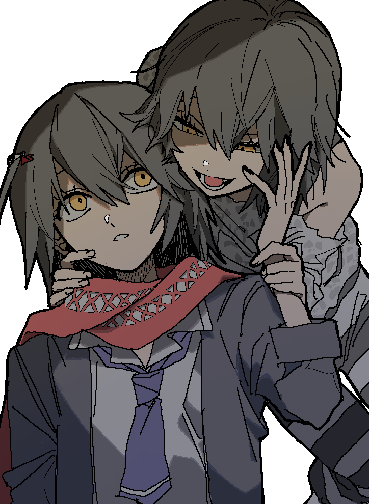 mashiro meme, nijisanji, 2boys, black hair, collared shirt, dual persona, goringo2828, hair between eyes, holding another's wrist, looking at another, male focus, multiple boys, necktie, open mouth, red scarf, scarf, shirt, short hair, simple background, smile, upper body, virtual youtuber, white background, white shirt, yellow eyes