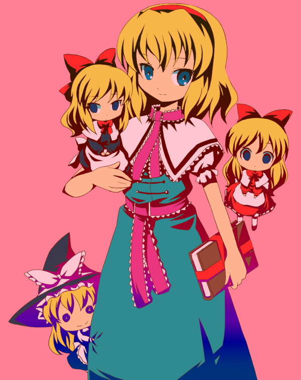 michii yuuki, alice margatroid, hourai doll, kirisame marisa, shanghai doll, touhou, 1girl, blonde hair, blue eyes, book, capelet, character doll, doll, female focus, hat, holding, holding book, long skirt, looking at viewer, peeking out, ribbon, sash, short hair, simple background, skirt, standing, witch hat