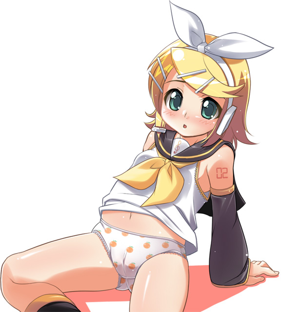 yoshihara maito, kagamine rin, vocaloid, 1girl, belly, blonde hair, cameltoe, female focus, food print, fruit print, loli, orange (fruit) panties, orange print, panties, print panties, sailor collar, solo, underwear