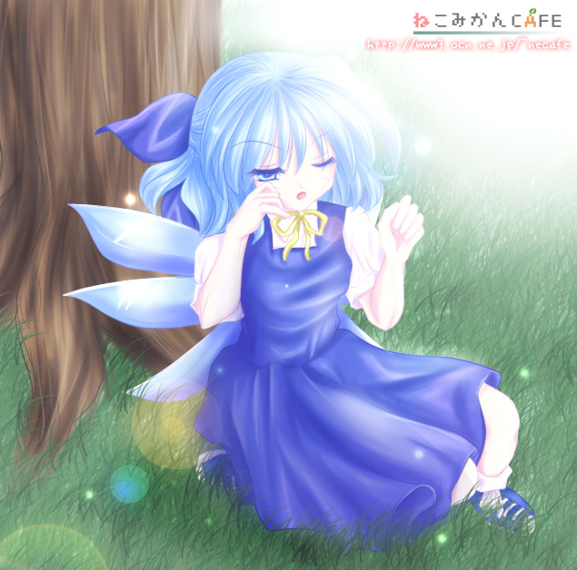 nekoshiro mikan, cirno, touhou, 1girl, bow, day, female focus, full body, half updo, outdoors, sitting, solo, watermark, web address