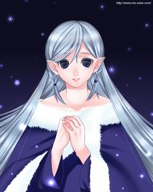 mattaku mousuke, original, silver hair, 1girl, blue dress, blue eyes, collarbone, dress, female focus, fur trim, long hair, looking at viewer, off-shoulder dress, off shoulder, own hands together, pointy ears, solo, sparkle, very long hair