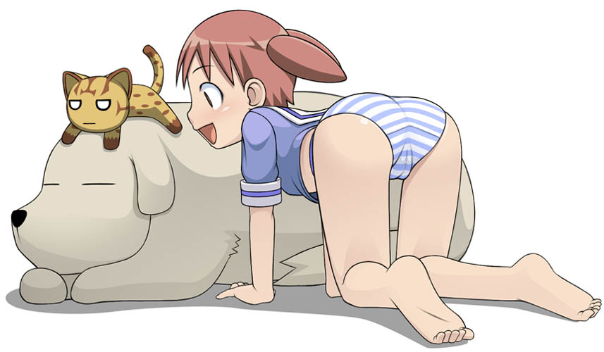 caryo, midori boushi, maya (azumanga), mayaa (azumanga daioh), mihama chiyo, tadakichi-san, azumanga daiou, 1girl, ass, barefoot, cameltoe, cat, dog, feet, female focus, loli, mr tadakichi, panties, short twintails, soles, solo, striped clothes, striped panties, toes, twintails, underwear