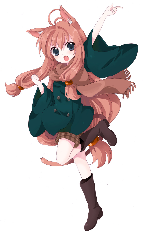 namori, original, 1girl, :o, animal ears, arm up, blue eyes, boots, brown hair, cat ears, coat, female focus, long hair, scarf, simple background, solo, standing, standing on one leg, very long hair, wide sleeves