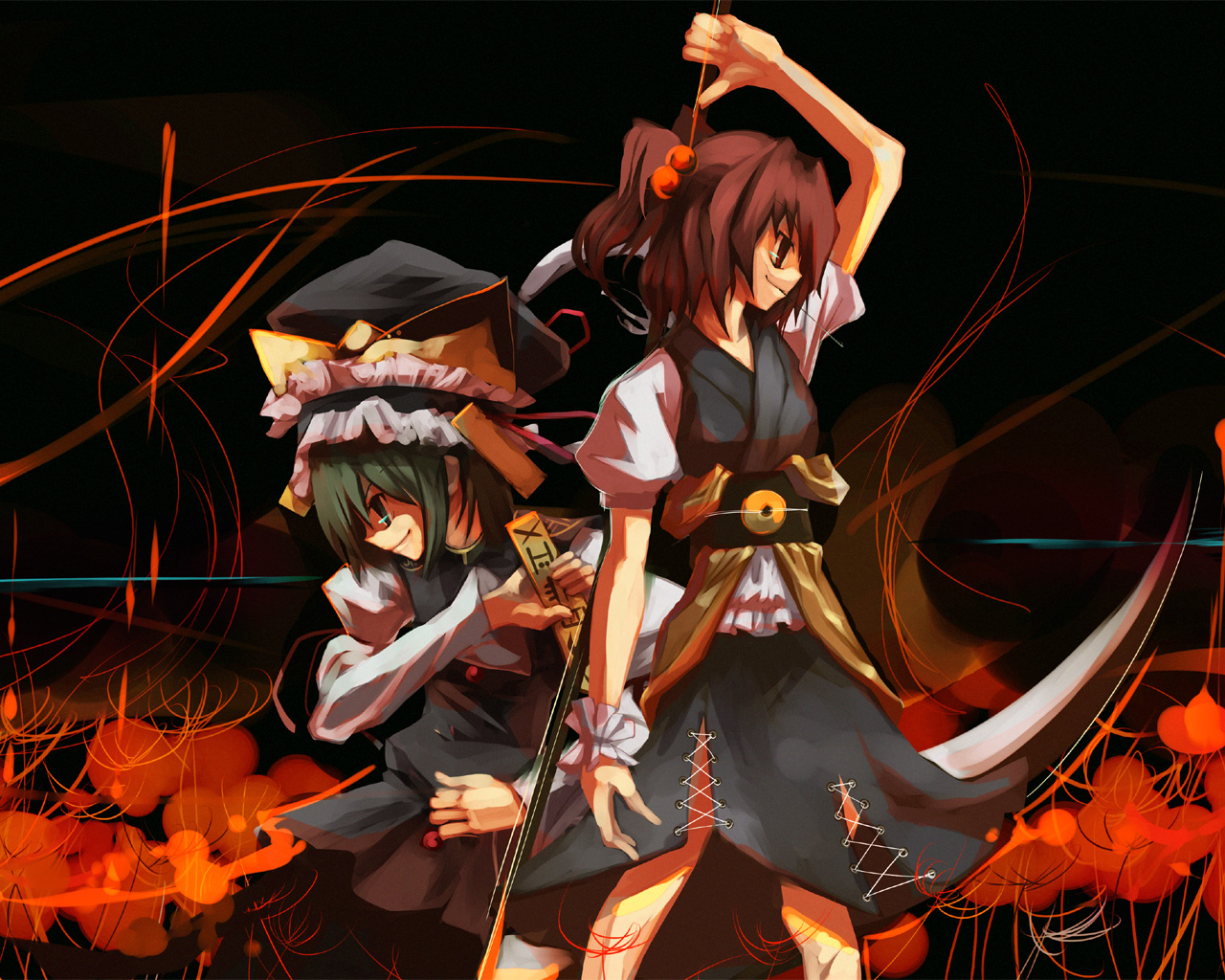 shimadoriru, onozuka komachi, shiki eiki, touhou, 2girls, back-to-back, black background, black skirt, buttons, closed mouth, cowboy shot, crown, female focus, flower, green eyes, green hair, hair bobbles, hair ornament, hat, juliet sleeves, long sleeves, multiple girls, puffy short sleeves, puffy sleeves, red flower, red hair, red ribbon, ribbon, rod of remorse, scythe, short hair, short sleeves, short twintails, skirt, spider lily, twintails, white sleeves, wide sleeves, wrist cuffs