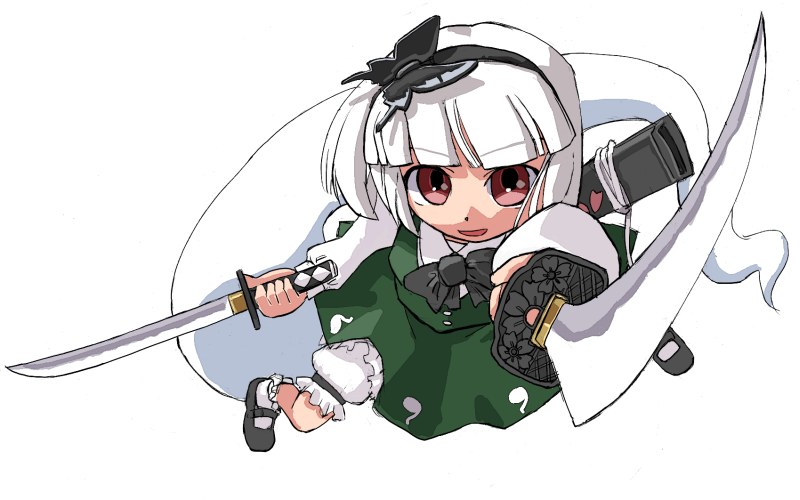 hirosato, konpaku youmu, konpaku youmu (ghost), touhou, 1girl, black shoes, female focus, hitodama, katana, shoes, solo, sword, weapon