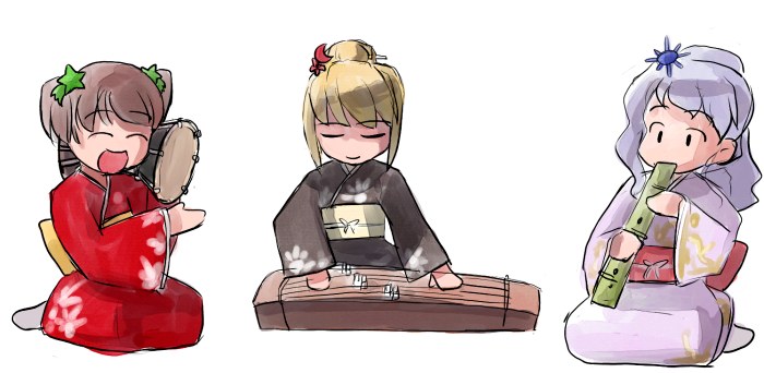 lunasa prismriver, lyrica prismriver, merlin prismriver, touhou, 3girls, alternate costume, alternate hairstyle, female focus, instrument, japanese clothes, multiple girls, siblings, sisters