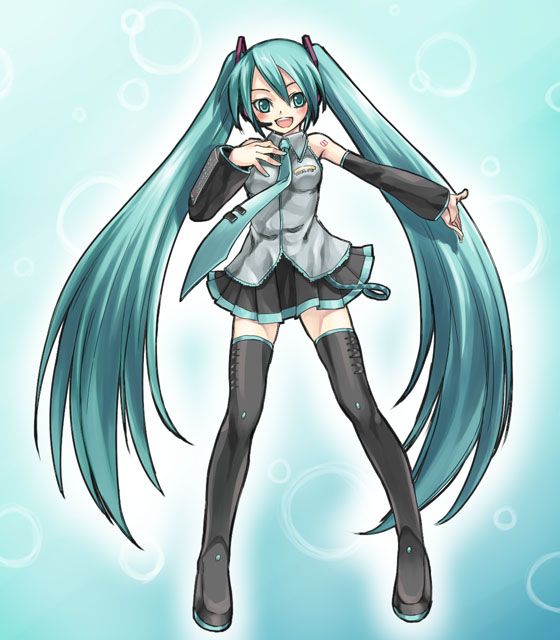 satou atsuki, hatsune miku, vocaloid, 1girl, aqua hair, female focus, long hair, solo, thighhighs, twintails, very long hair