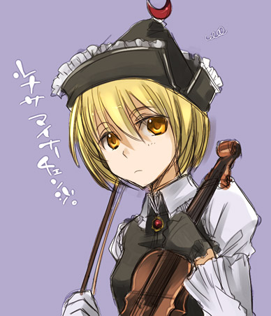 inuinui, lunasa prismriver, touhou, eyebrows, lowres, 1girl, blonde hair, bow (music), collar, female focus, gloves, hat, holding, holding instrument, holding violin, instrument, long sleeves, looking at viewer, short hair, solo, squiggle, upper body, violin, yellow eyes