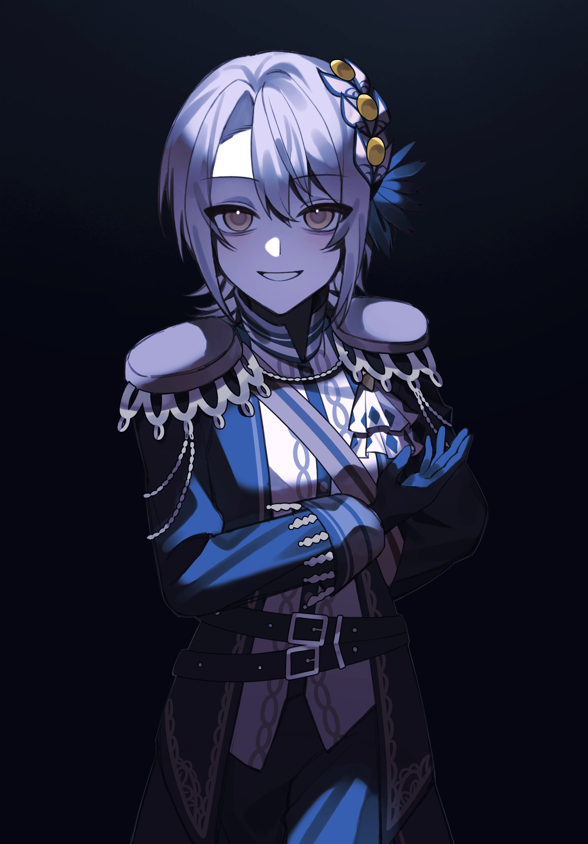 mahou shoujo no majo saiban, absurdres, hashtag-only commentary, highres, 1girl, arm behind back, black background, black gloves, black jacket, black pants, blonde hair, bowing, butler, butler bowing, cowboy shot, dark, facing viewer, gloves, hasumi reia, jacket, long sleeves, looking at viewer, mu (km mnsb), pants, parted lips, sash, short hair, shoulder sash, simple background, smile, solo, yellow eyes