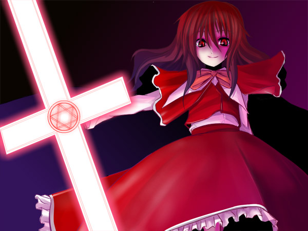 okazaki yumemi, phantasmagoria of dim.dream, touhou, touhou (pc-98), 1girl, capelet, cross, female focus, hexagram, red eyes, red hair, short hair, skirt, skirt set, smile, solo